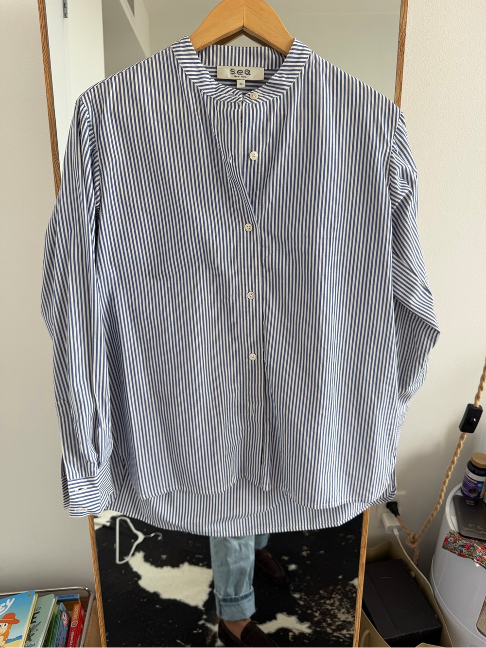 Sea Blue and White Vertical-Stripe Band-Collar Button-Down Shirt